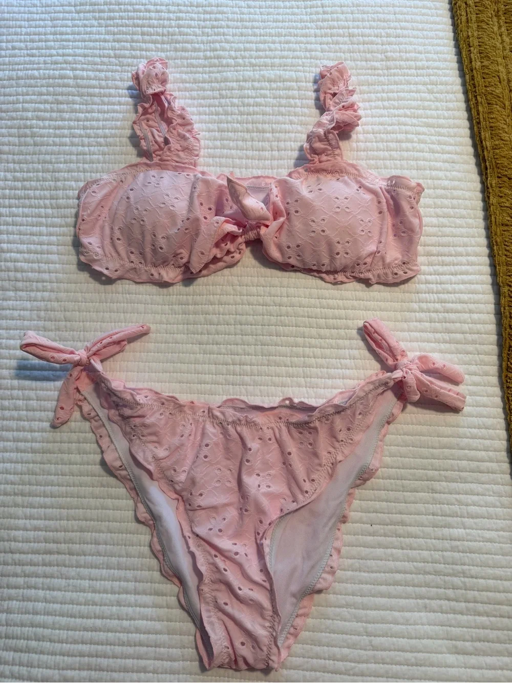 SHEIN Pink Eyelet Ruffle Tie-Side Bikini Set